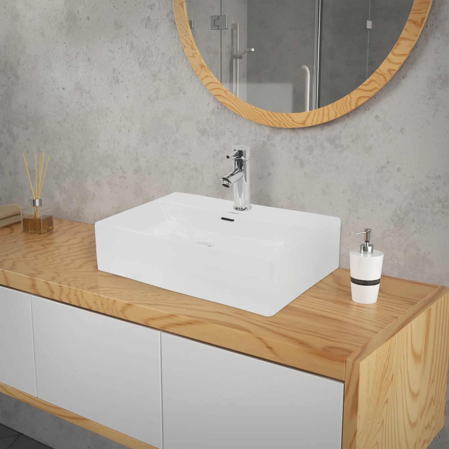 Eckiges, weißes ECD Germany Aufsatzwaschbecken aus Keramik (515x360x130 mm) im modernen Badezimmer.