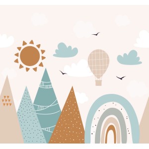 ESTAhome Fototapete mit Bergen, Heißluftballon, Sonne und Regenbogen in Grau, Blau und Orange.