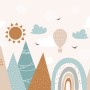 ESTAhome Fototapete mit Bergen, Heißluftballon, Sonne und Regenbogen in Grau, Blau und Orange.
