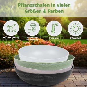 Gestapelte Pflanzschalen in Beige, Grün und Schwarz. Dekorative Pflanzgefäße für den Außenbereich.