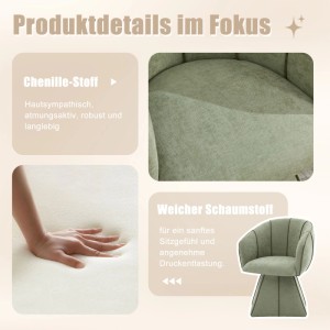 Grüner Chenille Drehstuhl: Details zu weichem Stoff, Schaumstoffpolsterung und muschelförmigem Design.