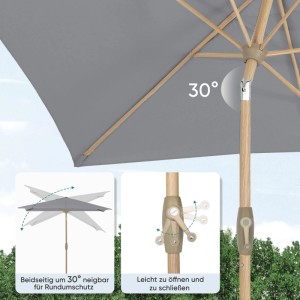 Rechteckiger, grauer Sekey Sonnenschirm mit Holzoptik und Knickfunktion für Garten, Balkon und Terrasse.