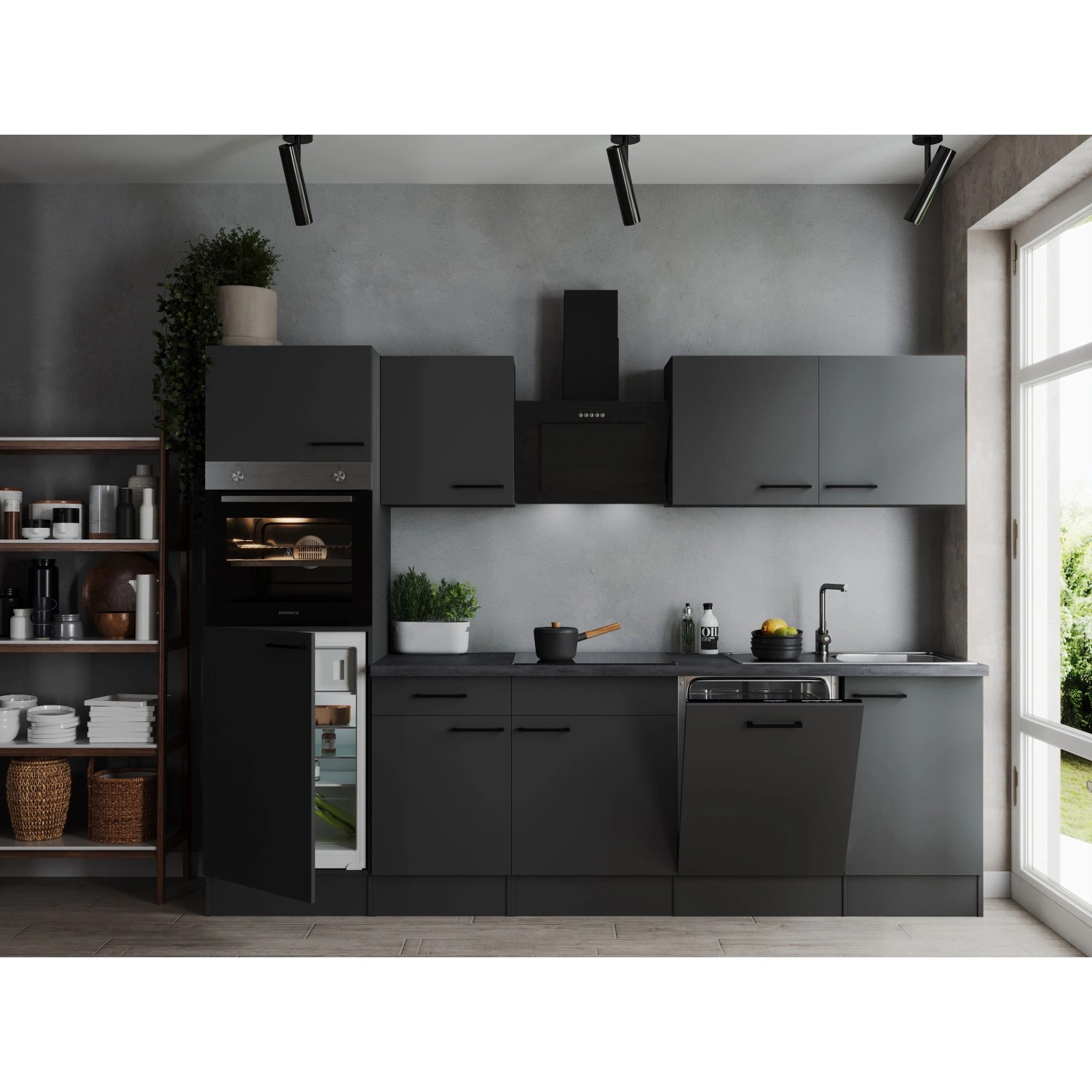 Moderne Respekta Küchenzeile Oliver 280 cm in Grau Matt mit E-Geräten.