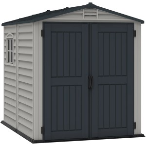 Duramax Kunststoff-Gartenhaus StoreMate Plus, 3,6 m², grau mit Doppeltür und Fenster.