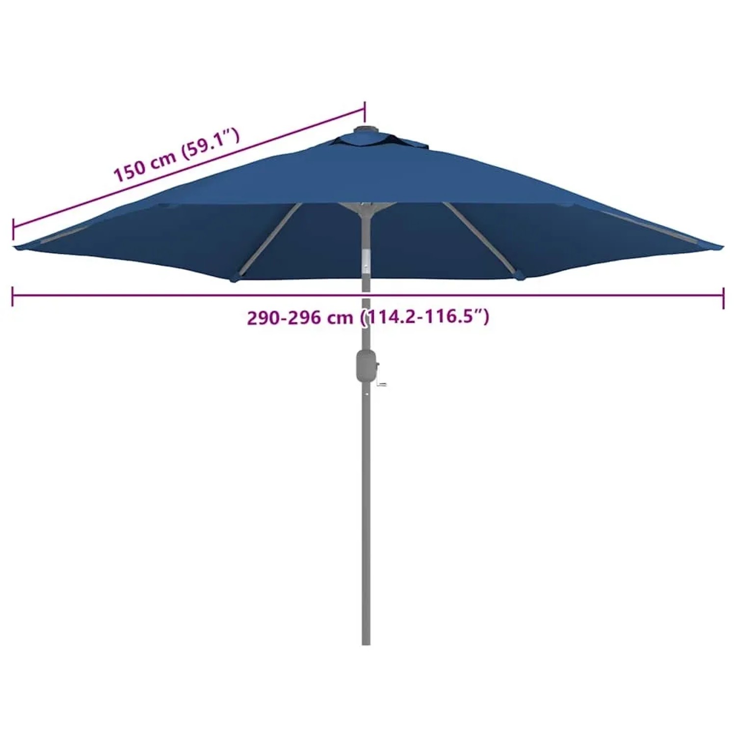 Azurblauer Sonnenschirm Ersatzbezug aus Polyester, 300 cm Durchmesser, auf einem grauen Gestell.
