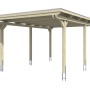 Skan Holz Einzelcarport Emsland: Flachdach Carport aus Holz mit Aluminium Dachplatten und sechs Pfosten.