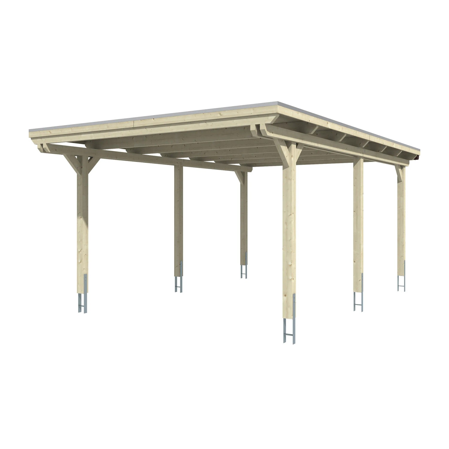 Skan Holz Einzelcarport Emsland: Flachdach Carport aus Holz mit Aluminium Dachplatten und sechs Pfosten.