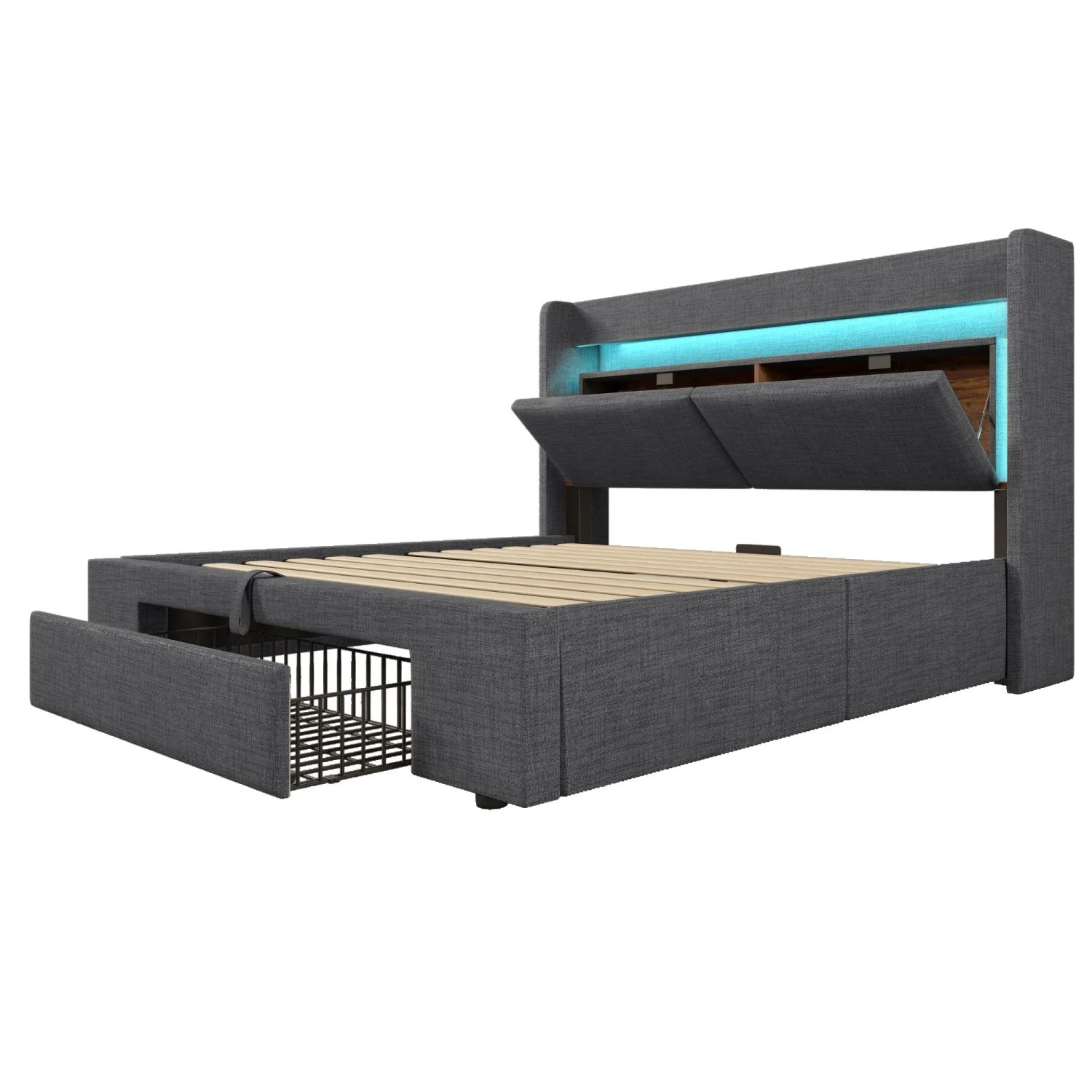 Merax Polsterbett 160x200cm LED USB-C Hydraulik Grau