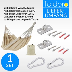 Toldoro Hängematte mit Wandhalterung, Karabiner und Befestigungsmaterial als Set für Indoor & Outdoor.