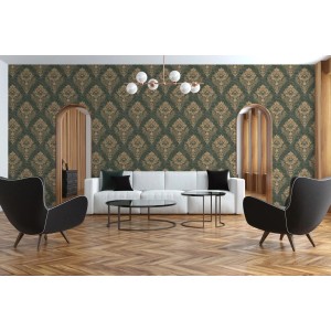 Wohnzimmer mit Livingwalls Tapete Barockmuster in Dunkelgrün und Gold.