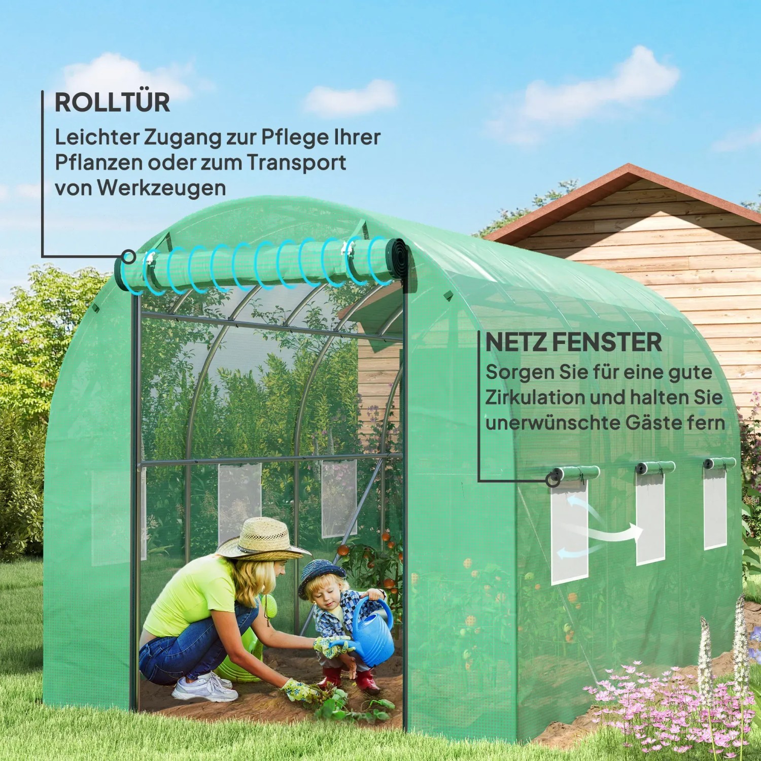 Outsunny Folientunnel: Winterfestes Tomatenhaus mit Mutter und Kind beim Gießen von Pflanzen.