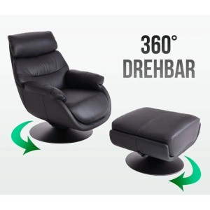 Schwarzer Relaxsessel mit Hocker, 360° drehbar. Bequemer Loungesessel aus Leder mit Fußhocker für Wohnzimmer.
