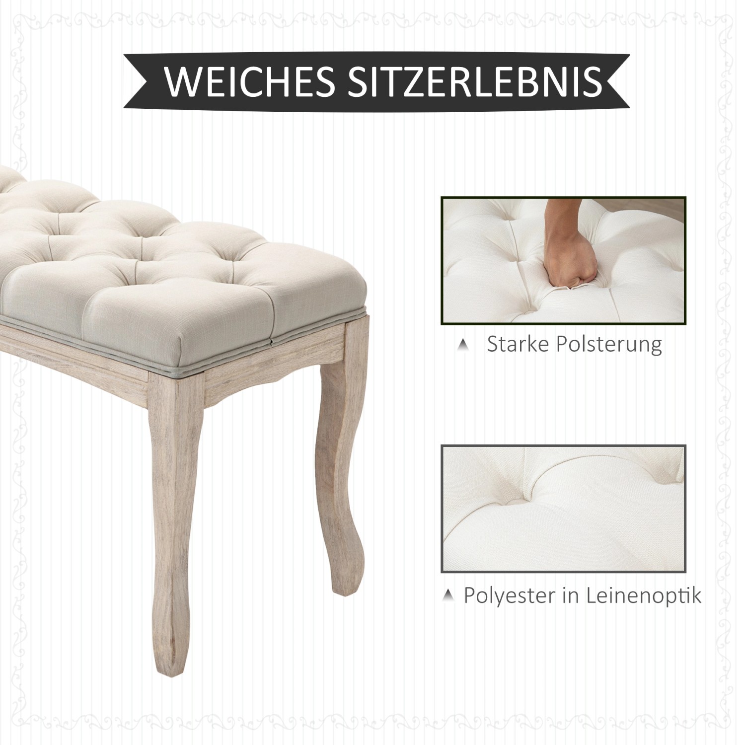 Beige HOMCOM Sitzbank im Vintage-Stil mit Leinenbezug und Gummiholz-Beinen.