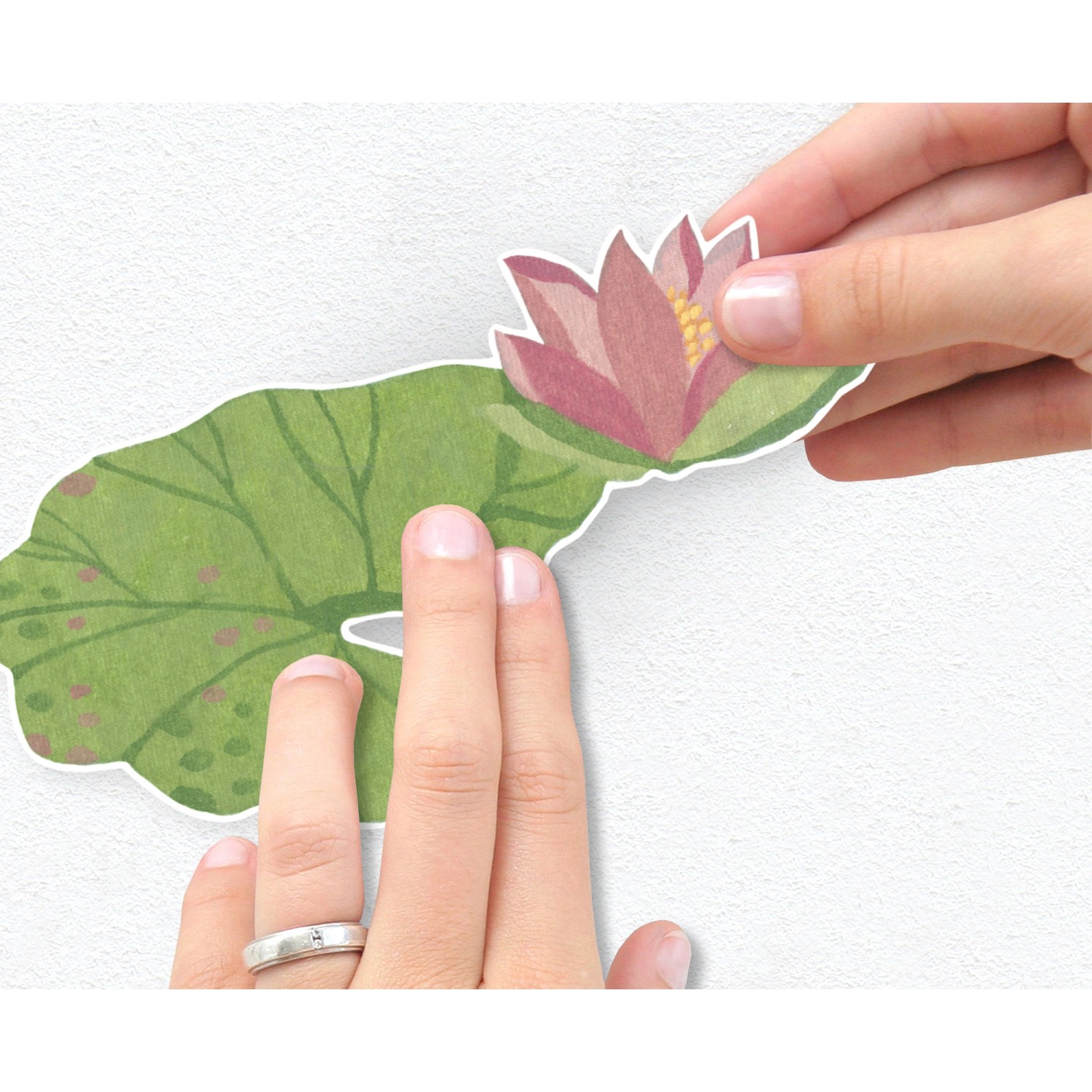 Anbringen des Komar Wandstickers Flamazing, 70x50 cm, Wanddeko mit Lotusblüte und Blatt.