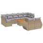 Beige 10-tlg. Garten-Sofagarnitur aus Rattan mit hellgrauen Kissen und Tisch.