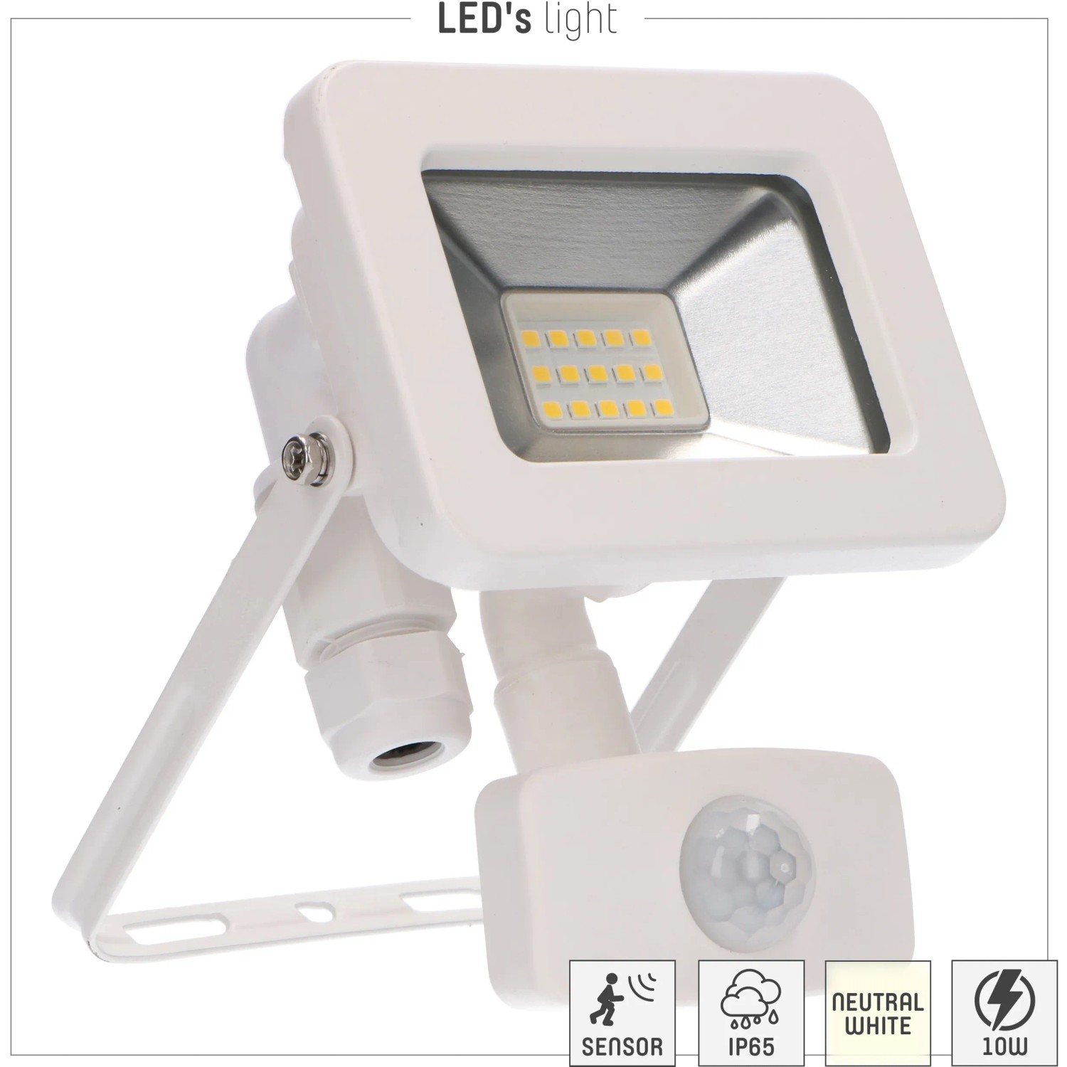 Weißer LED-Außenstrahler mit Sensor, 10W, 4000K, IP44. Sanan LED für helle, neutrale Beleuchtung.