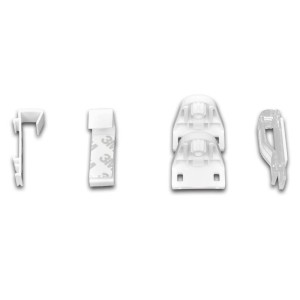 Montagezubehör für Doppelrollo, bestehend aus Haken, Bügel, Kettenhalter und Dichtungsring.