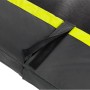 Detailaufnahme: Schwarzes EXIT Silhouette Trampolin D427cm mit gelbem Rand und Klettverschluss.