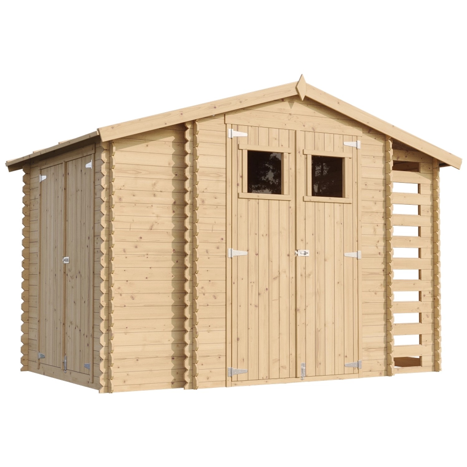 Timbela Holz-Gartenhaus M389+M389G mit Brennholzregal und Boden, 5,47 m².