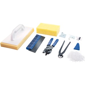 LUX Fliesenlegerset, 9-teilig, mit Schwammbrett, Fliesenzange, Schaber und weiterem Zubehör.
