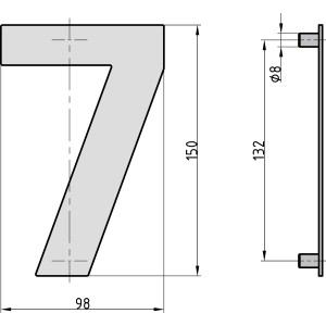 Technische Zeichnung: Hausnummer 7 aus Edelstahl, Basi HN 150, Maße 150x98 mm.
