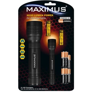 Maximus Taschenlampen 2er-Pack: LED, 90/60 Lumen, inkl. Batterien (6xAA, 2xAAA).