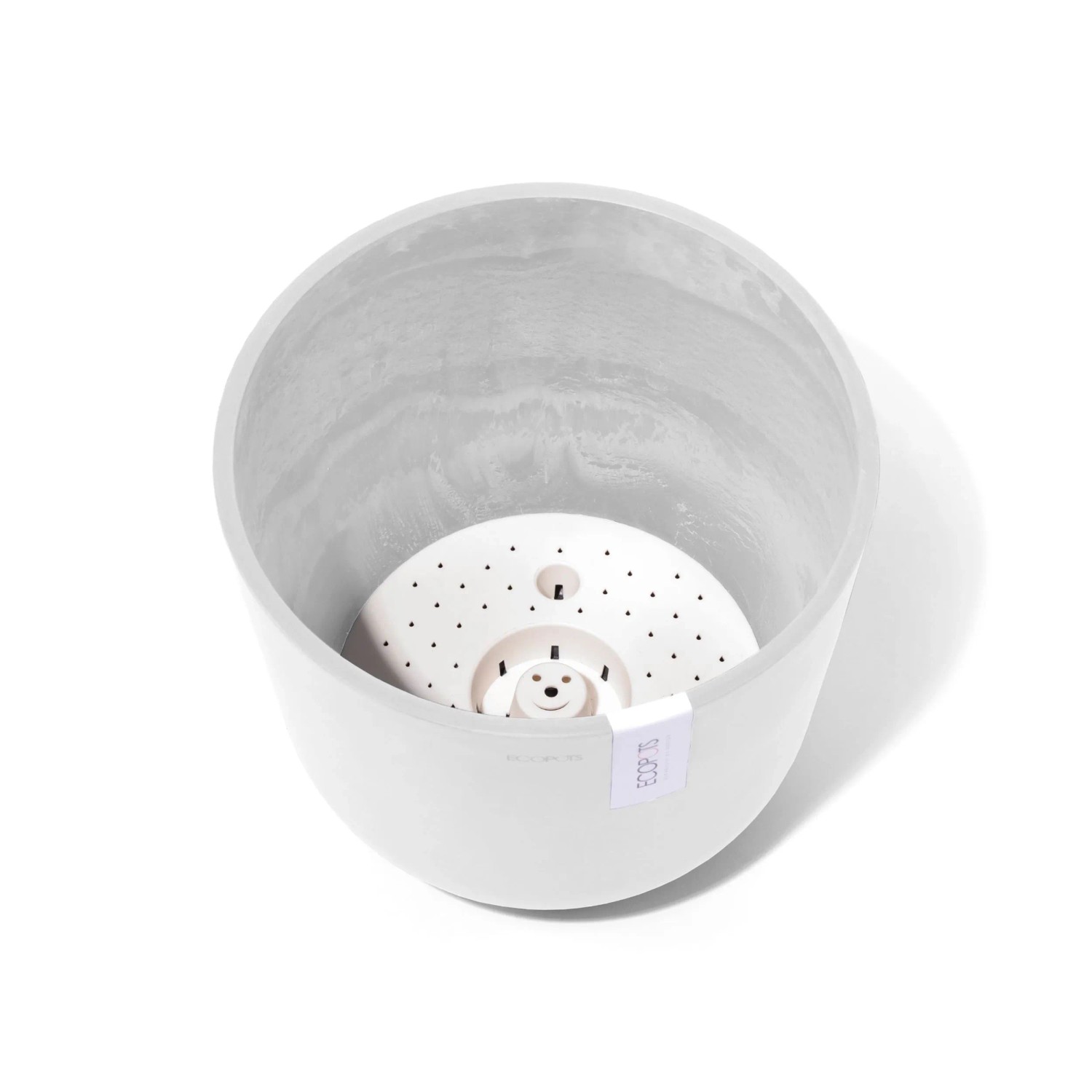 Weißer Ecopots Pflanztopf Oslo 25 cm mit Bewässerungssystem, Innenansicht.