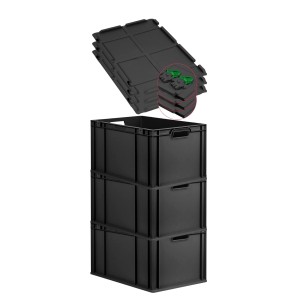PROREGAL SuperSparSet: 3 schwarze Euroboxen mit Deckel und grünen Verschlüssen, gestapelt.