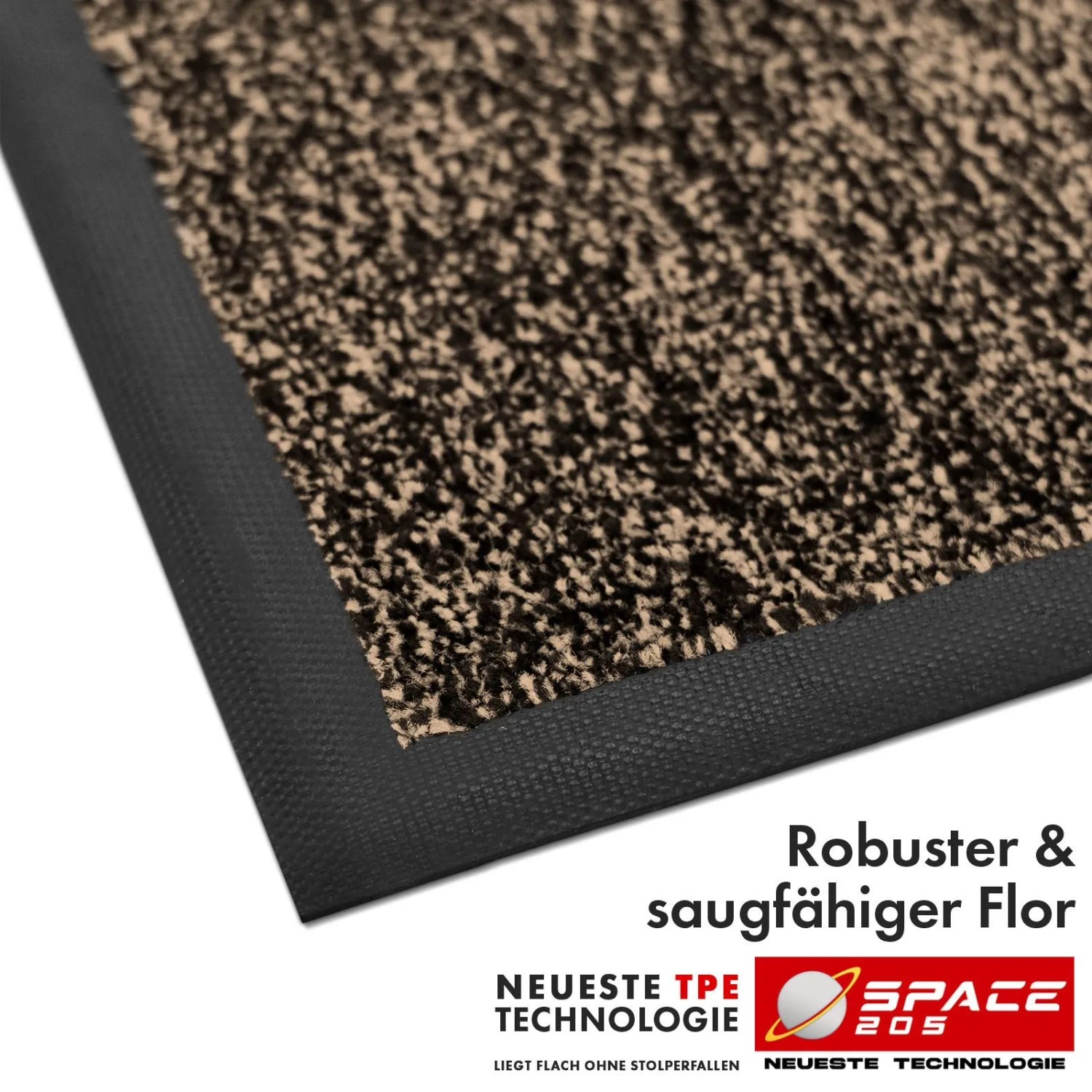 Ockerfarbene Floordirekt Schmutzfangmatte Space 205 mit robustem Velours und rutschfestem TPE-Rand für Eingangsbereiche.