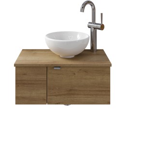 Pelipal Waschtisch-Set Serie 6915 in Riviera Eiche mit Aufsatzbecken und Armatur.