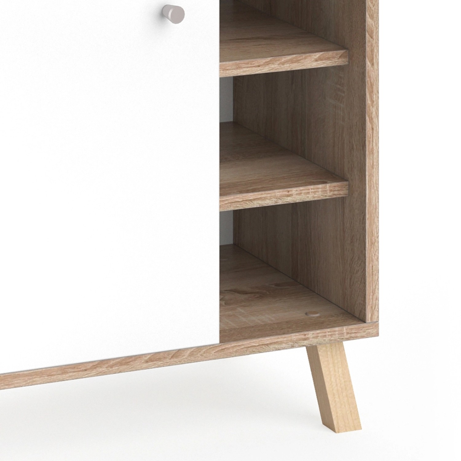 Detailaufnahme: Vicco Badmöbel-Set Senyo, weiß/Sonoma, mit offenem Regal und Tür.