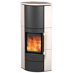 Fireplace Adelaide Kaminofen, Keramik schwarz/creme, mit Flammen im Brennraum.