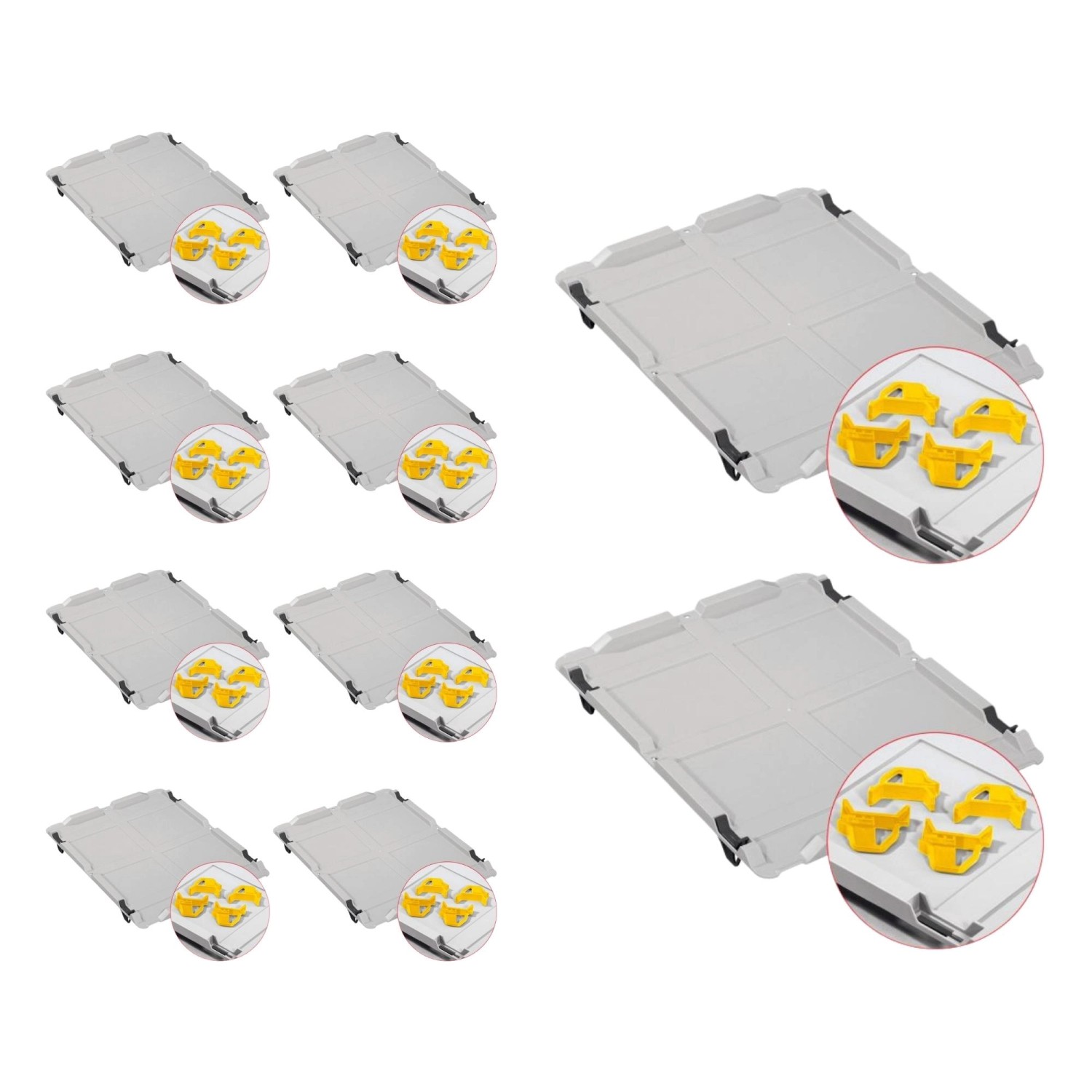 PROREGAL Spar Set: 10 graue Euroboxen mit Deckel und gelben Schiebeschnappverschlüssen.