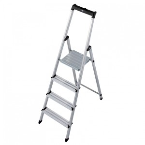 Krause Solidy Stufenstehleiter mit 4 Stufen aus Aluminium, mit Sicherheitsbügel und Ablage.