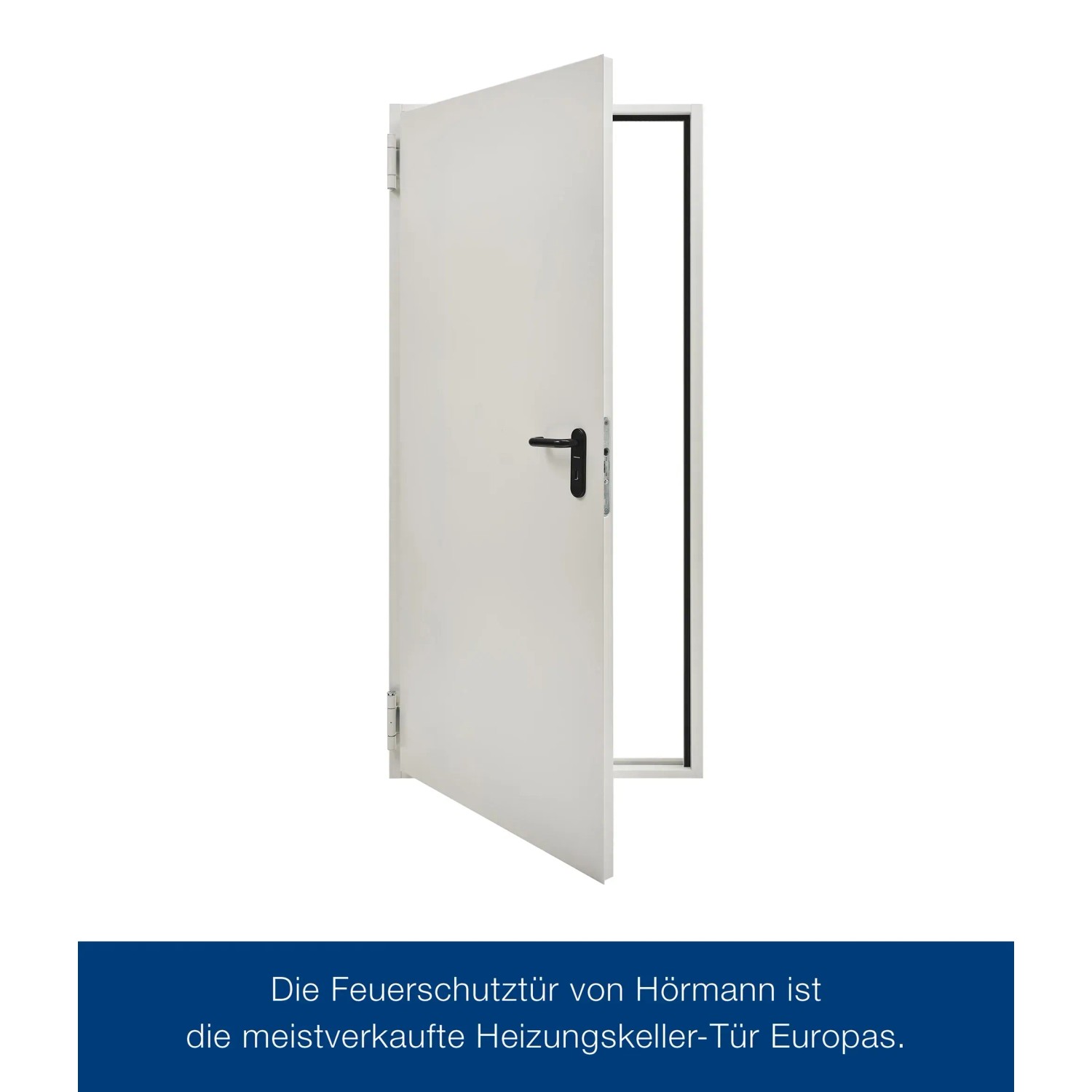 Geöffnete Hörmann Brandschutzklappe T30 in Grauweiß, Stahltür für Heizungskeller und Öltankräume.