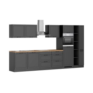 Moderne graue Küchenzeile Kempten 360 cm mit E-Geräten und Arbeitsplatte in Holzoptik.