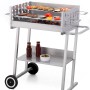 Tepro Grillwagen Pasadena Holzkohlegrill mit Grillgut und Ablage, silberfarben.