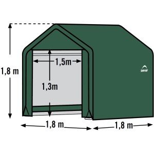 Grüne ShelterLogic Zeltgarage, 180x180x180 cm, mit Maßangaben. Ideal als Fertiggarage für Gartengeräte.