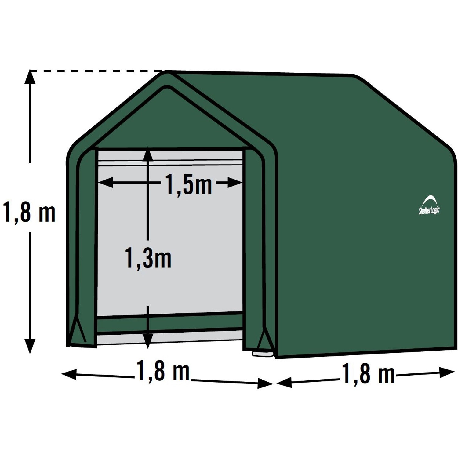 Grüne ShelterLogic Zeltgarage, 180x180x180 cm, mit Maßangaben. Ideal als Fertiggarage für Gartengeräte.