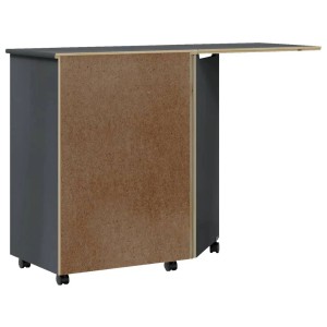 Grauer vidaXL Rollschrank mit Schreibtisch MOSS aus Kiefernholz, teilgeöffnet.