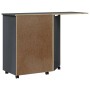 Grauer vidaXL Rollschrank mit Schreibtisch MOSS aus Kiefernholz, teilgeöffnet.