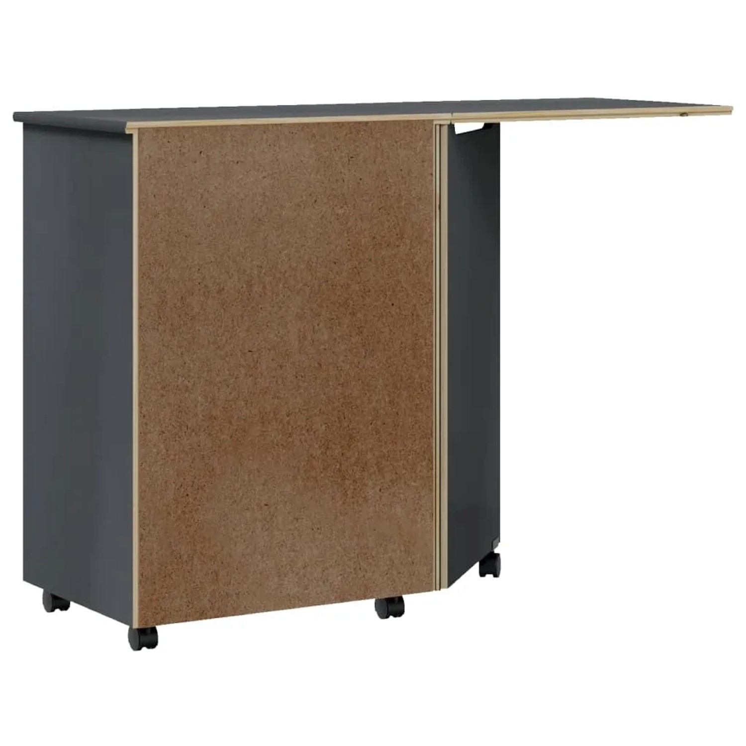 Grauer vidaXL Rollschrank mit Schreibtisch MOSS aus Kiefernholz, teilgeöffnet.