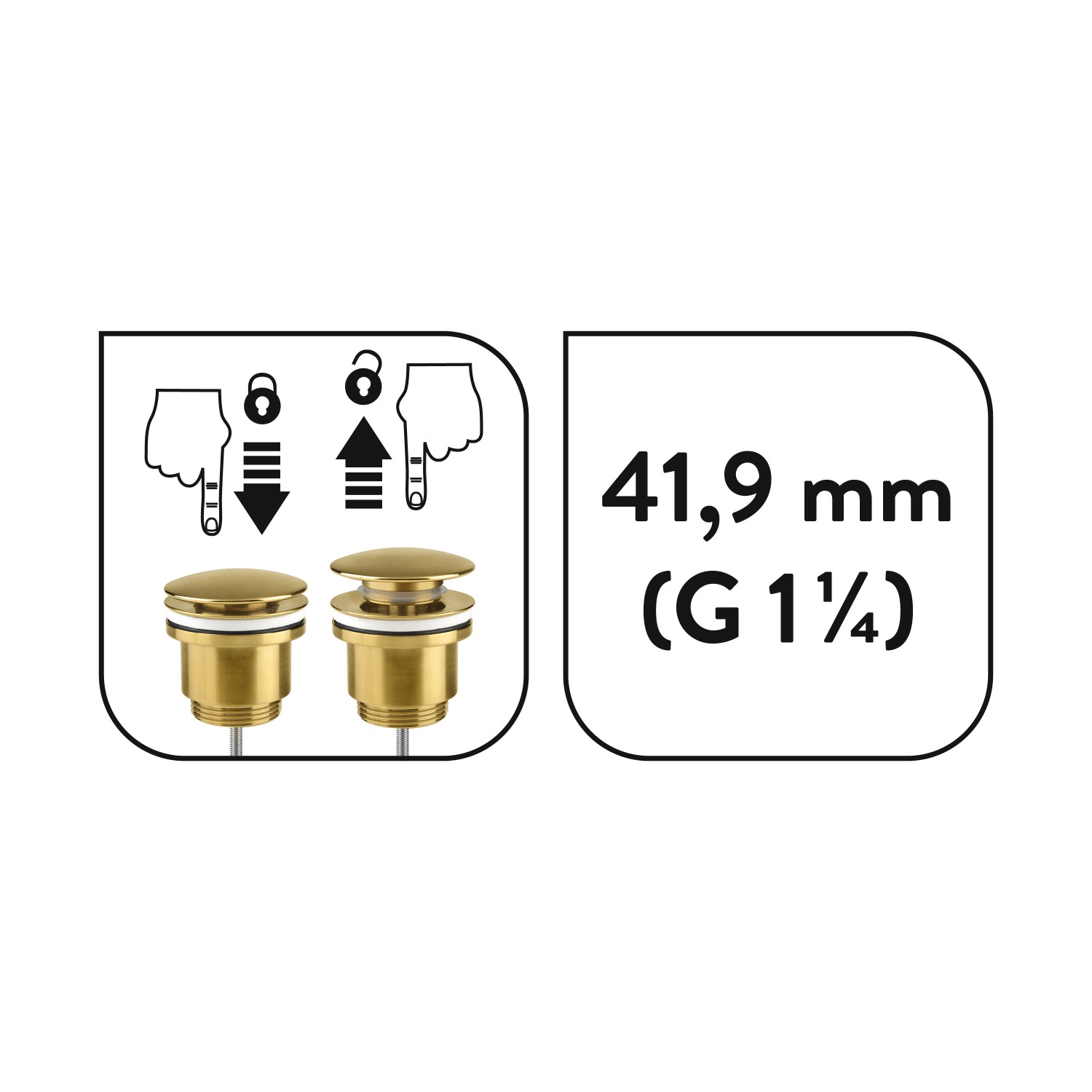 Abbildung des baliv Push-Ventils PV-3460 in Gold Matt mit Maßangaben.