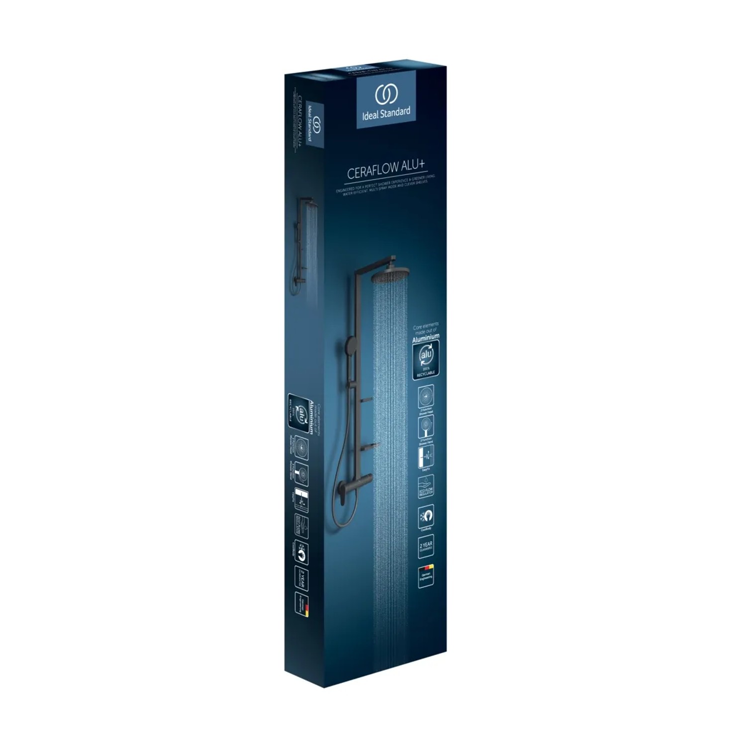 Verpackung des Ideal Standard Duschsystems in Schwarz Matt mit Kopf- und Handbrause.