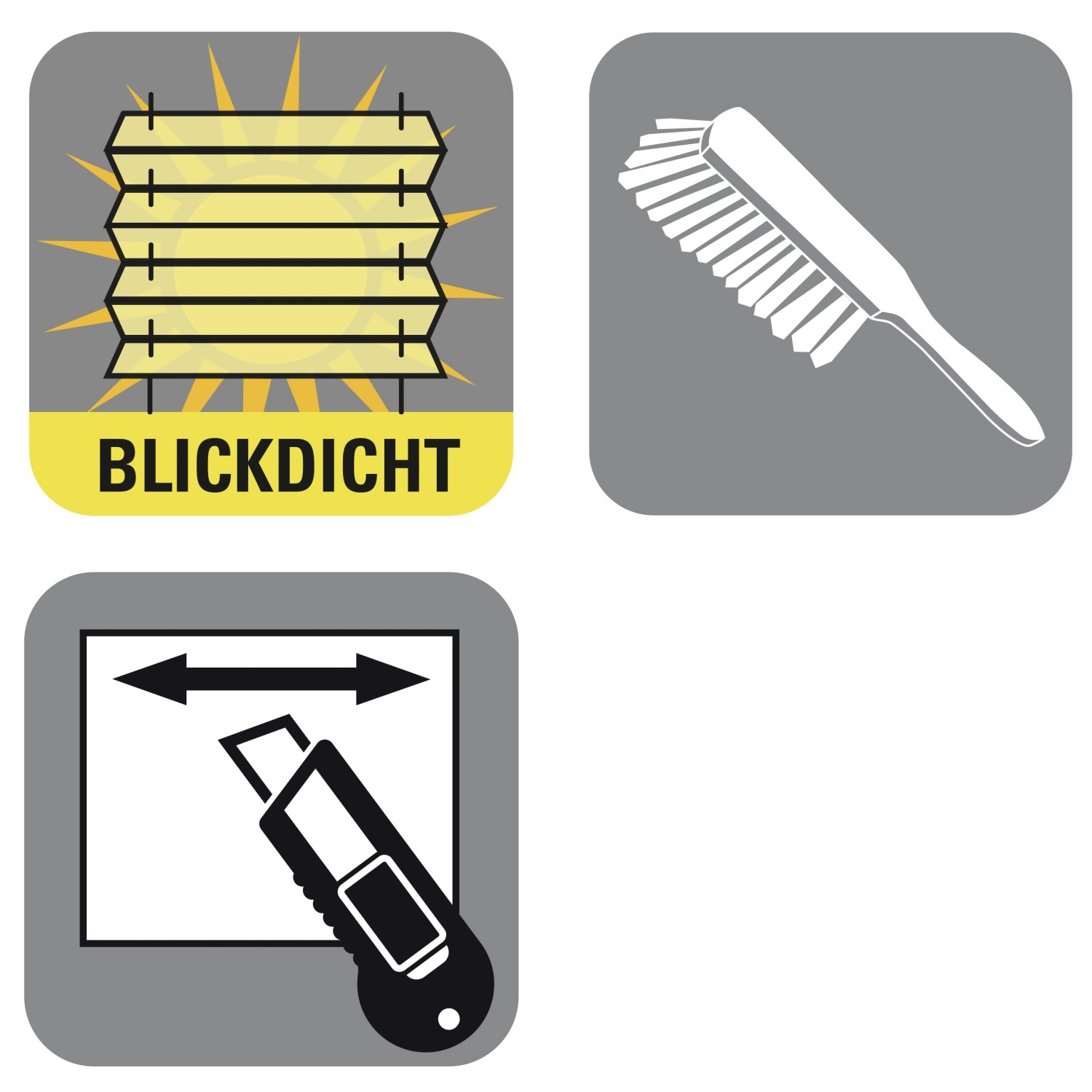 Symbole für blickdichtes Plissee, Reinigung und Zuschnitt.