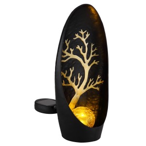 Globo Solarleuchte aus Metall, 30 cm, goldfarben mit Baum-Motiv und amberfarbener Kugel.