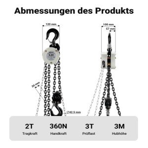 Abmessungen Wiltec Handkettenzug 2t: Details zu Haken, Ketten und Maßen des Flaschenzugs.