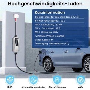 Junsun 22kW EV Ladestation Typ 2, 3-phasig, 32A, mit 5m CEE Kabel lädt blaues E-Auto. Tragbar, LCD-Display.