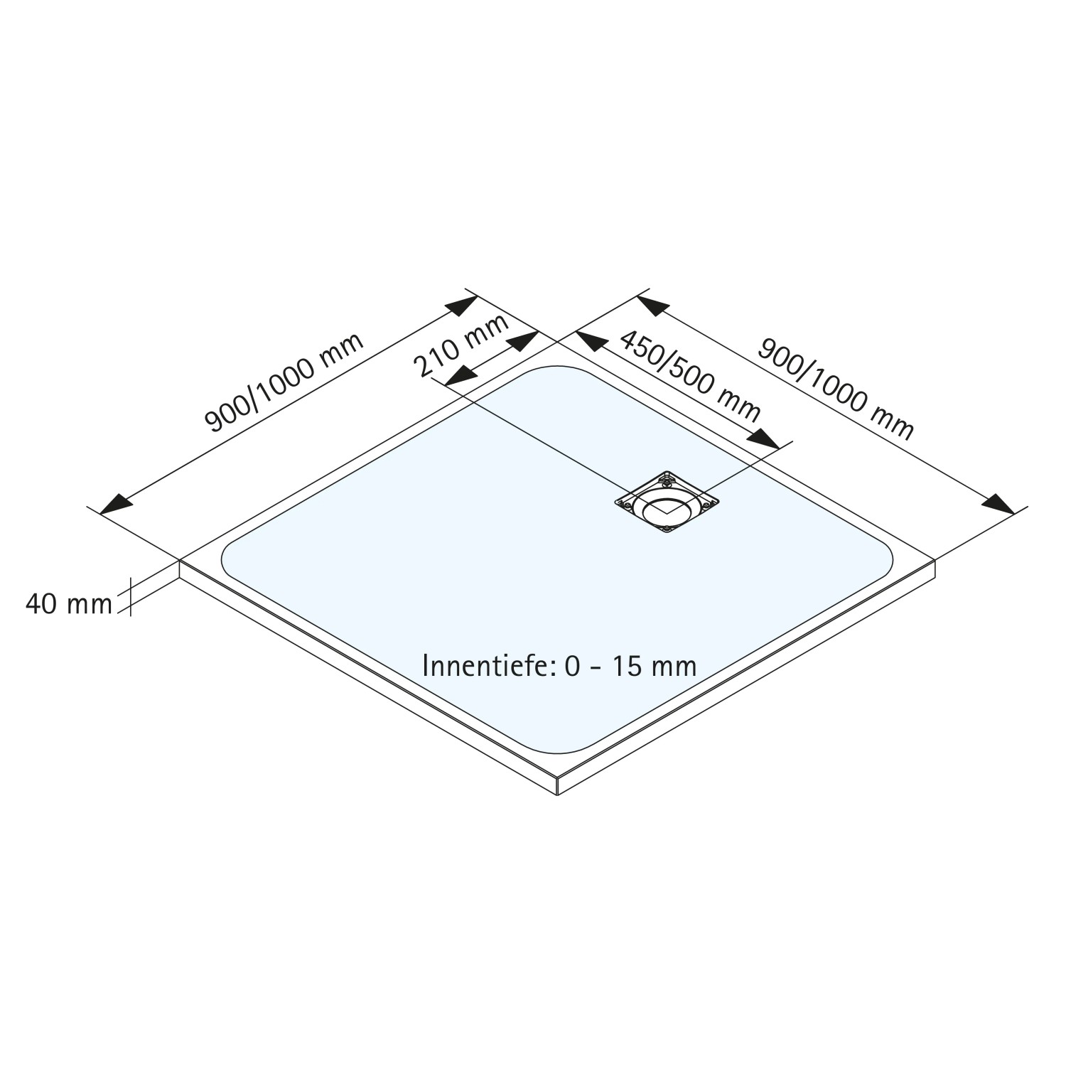 Technische Zeichnung: Schulte Duschwanne ExpressPlus Quadratisch, 90x90 cm, Alpinweiß, mit Maßangaben.