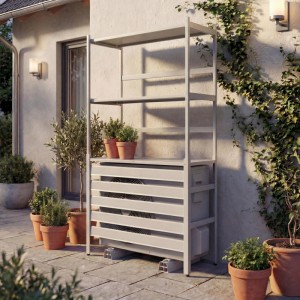 Grau-weißes PROREGAL Aluminium Regal zur Verkleidung einer Klimaanlage/Wärmetauscher mit Pflanzendeko.